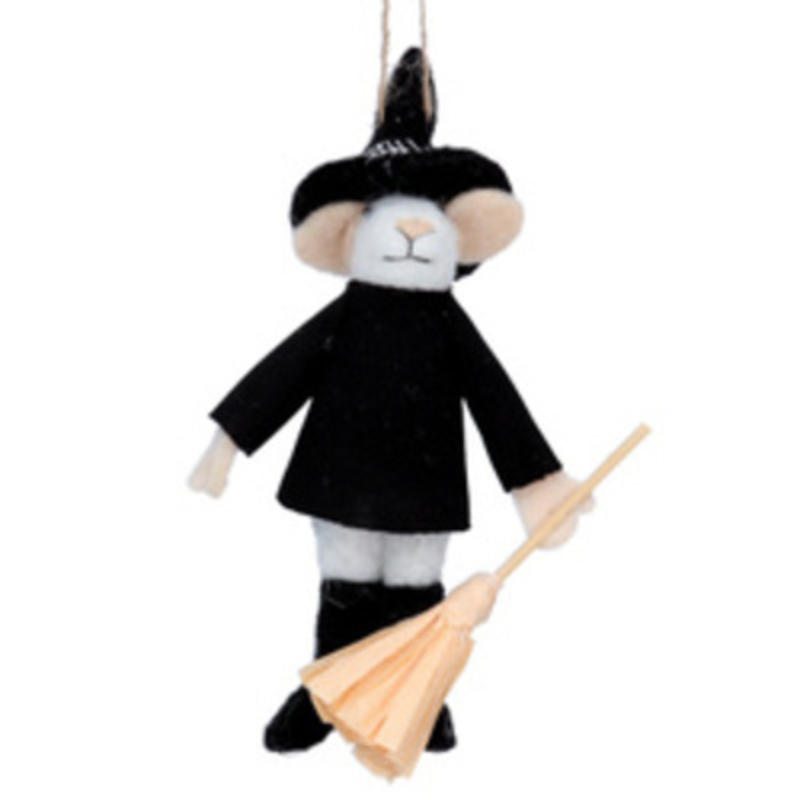 Mouse with Broom Hanging Halloween Decoration Gisela Graham This mixed wool hanging Halloween decoration is a cute white mouse dressed as a wizard with a hat and broom. This Halloween decoration is perfect to decorate your house this Halloween. Made by London based designer Gisela Graham who designs really beautiful and unusual decorations and gifts for your home.Ê Would also make a lovely gift for Halloween.
